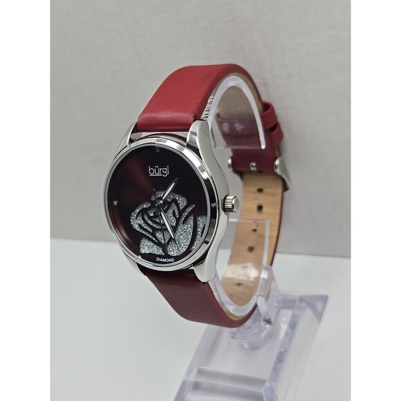 Burgi BUR189RD Womens Diamond Flower Dial Red Leather Quartz Watch New Battery main image 9